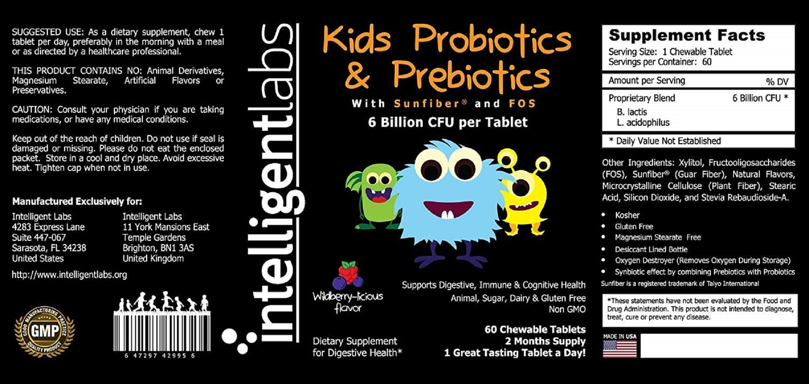 6 Billion CFU Kids / Children's Probiotics with Prebiotics, Sunfiber and Fos