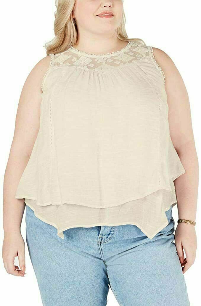 Style & Co Women's Plus Size Lace-Yoke Crochet-Trim Tiered Top, Creme Brulee 2X