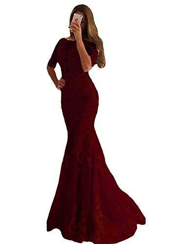 Mermaid Long Lace Half Sleeves Formal Prom Dress Evening Gown Burgundy US 8