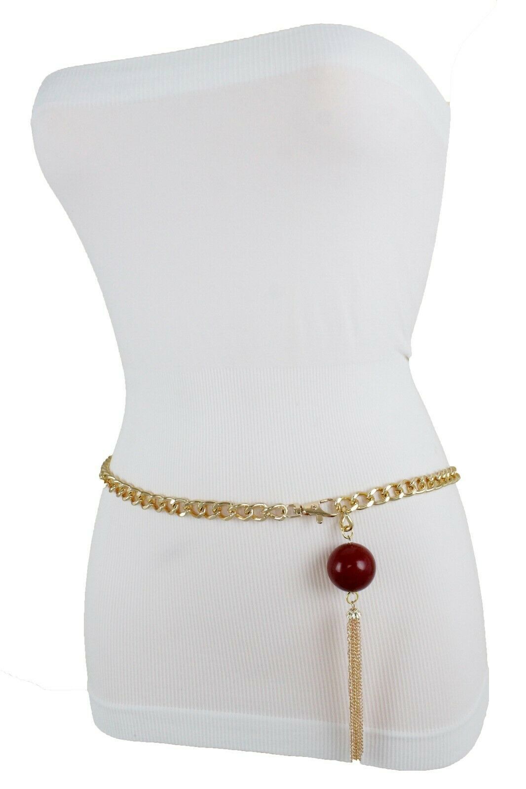 Women Fashion Hip Waist Belt Gold Metal Chain Long Brown Fringes Tassel XS S M