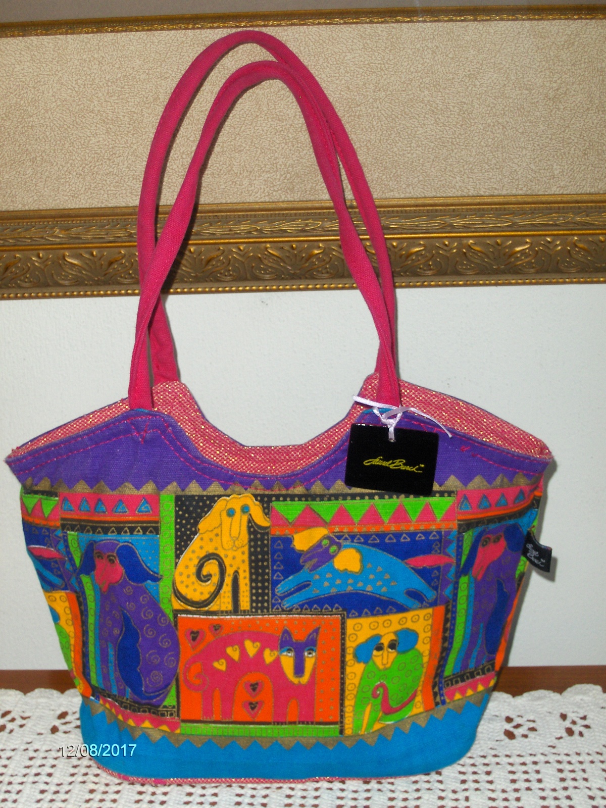Laurel Burch Satchel Cats & Dogs Canvas Colorful Purse Handbag Tote Bag ...