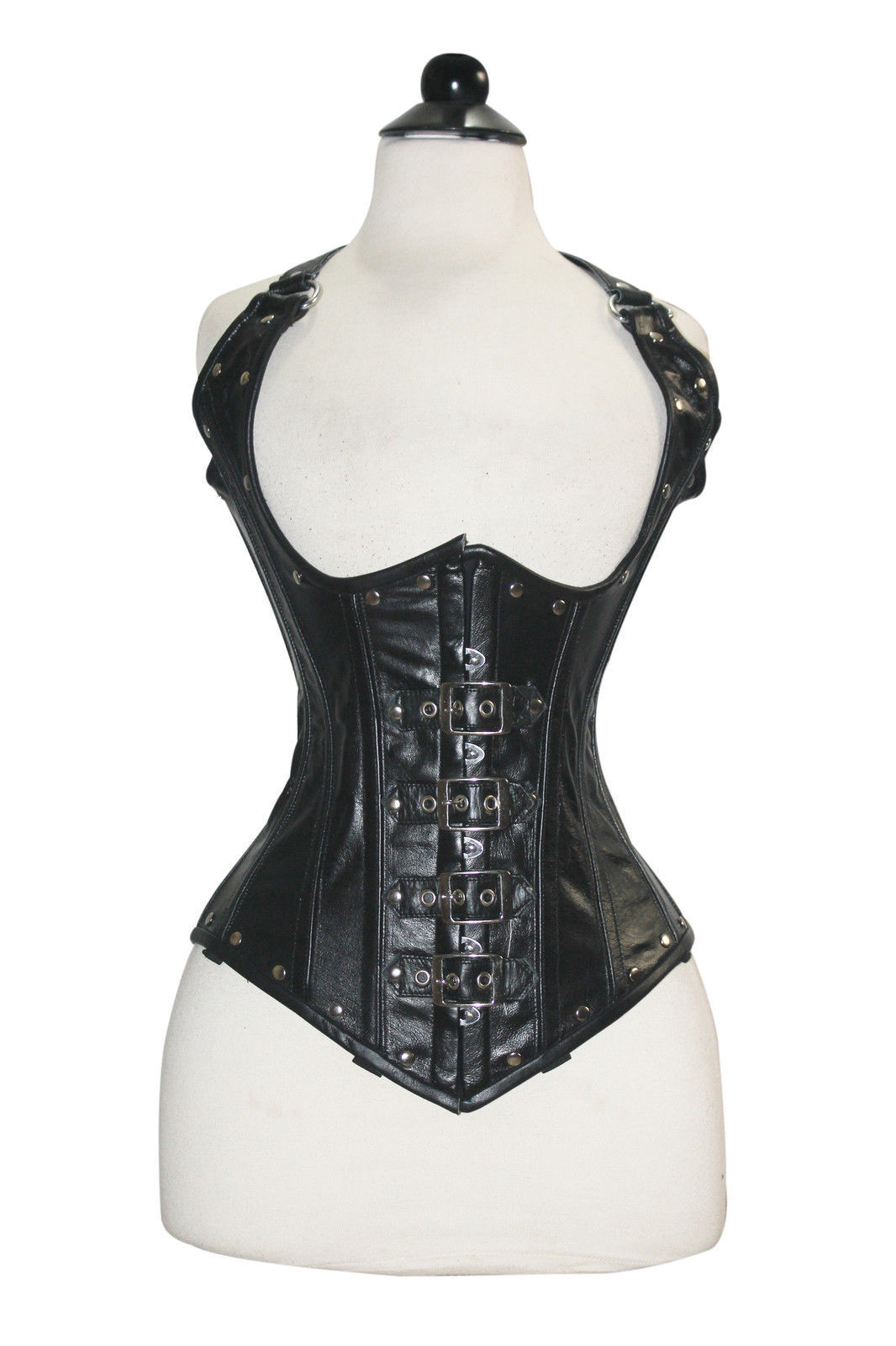 Cup-less-Steampunk-Waist-Shaper-Black-Real Leather Corset
