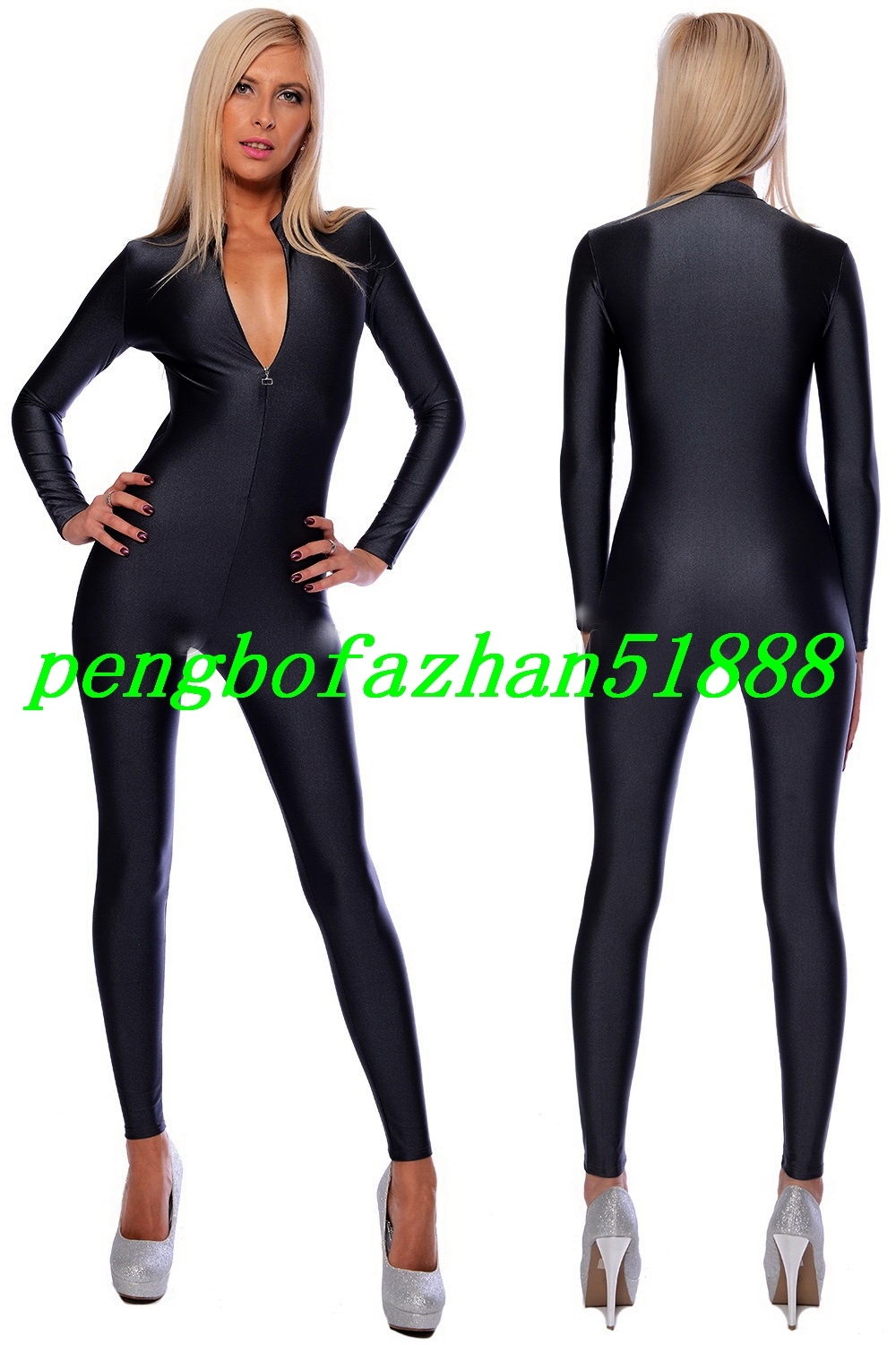 Sexy Front Zipper Body Suit Black Lycra Spandex Suit Catsuit Costumes 