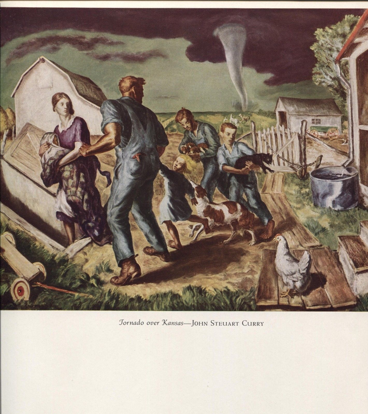 TORNADO OVER KANSAS FARM FAMILY CHILDREN DOG CAT SHELTER PAINTING BY CURRY REPRO 