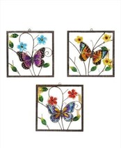 Butterfly Wall Plaques Set of 3 Hanging Colorful 12" square Metal Glass 3D