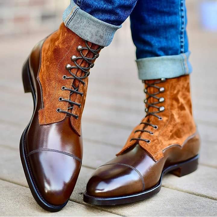Handmade Men's Ankle High Leather Two Tone Brown Boots Custom Made ...