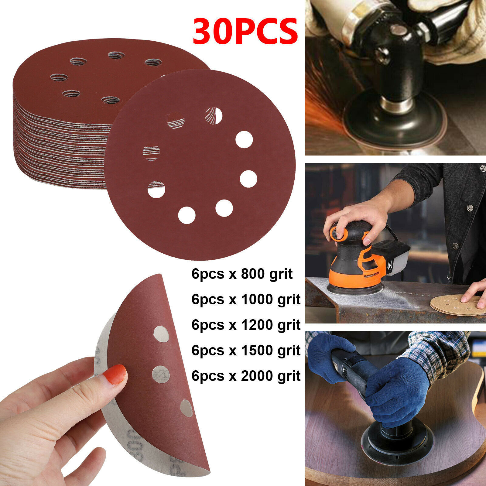 30PCS 5in 8002000 Grit Sanding Discs Orbital Sander paper Sheet Hook