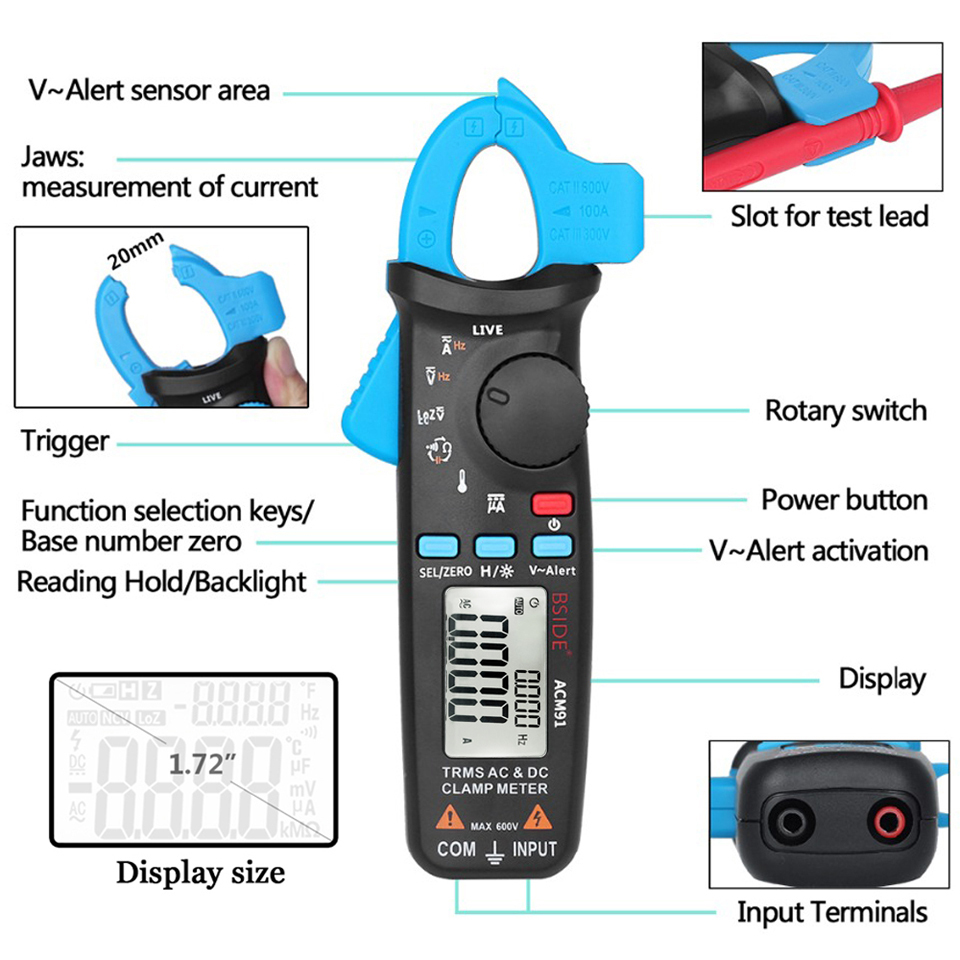 BSIDE ACM91 Mini Digital Clamp Meter True RMS DC/AC Current 100A 1mA Resolution Electrical Meters