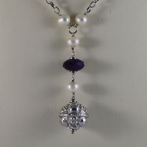 .925 SILVER RHODIUM NECKLACE WITH PURPLE AMETHYST, WHITE PEARLS AND PENDANT image 3