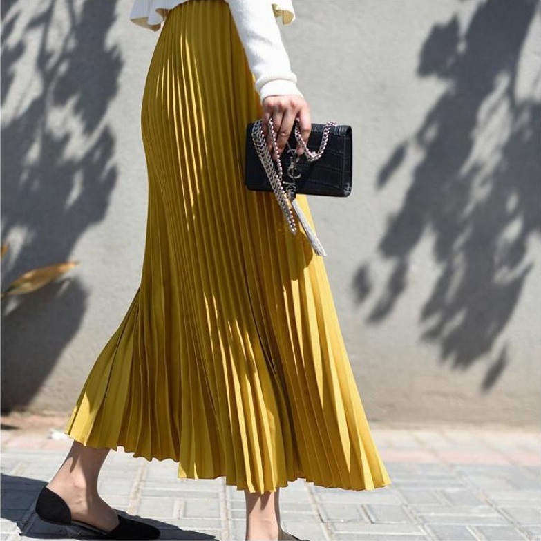 New mustard yellow long pleated women skirt maxi length spring summer ...