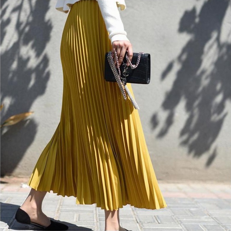 New mustard yellow long pleated women skirt maxi length spring summer - Skirts