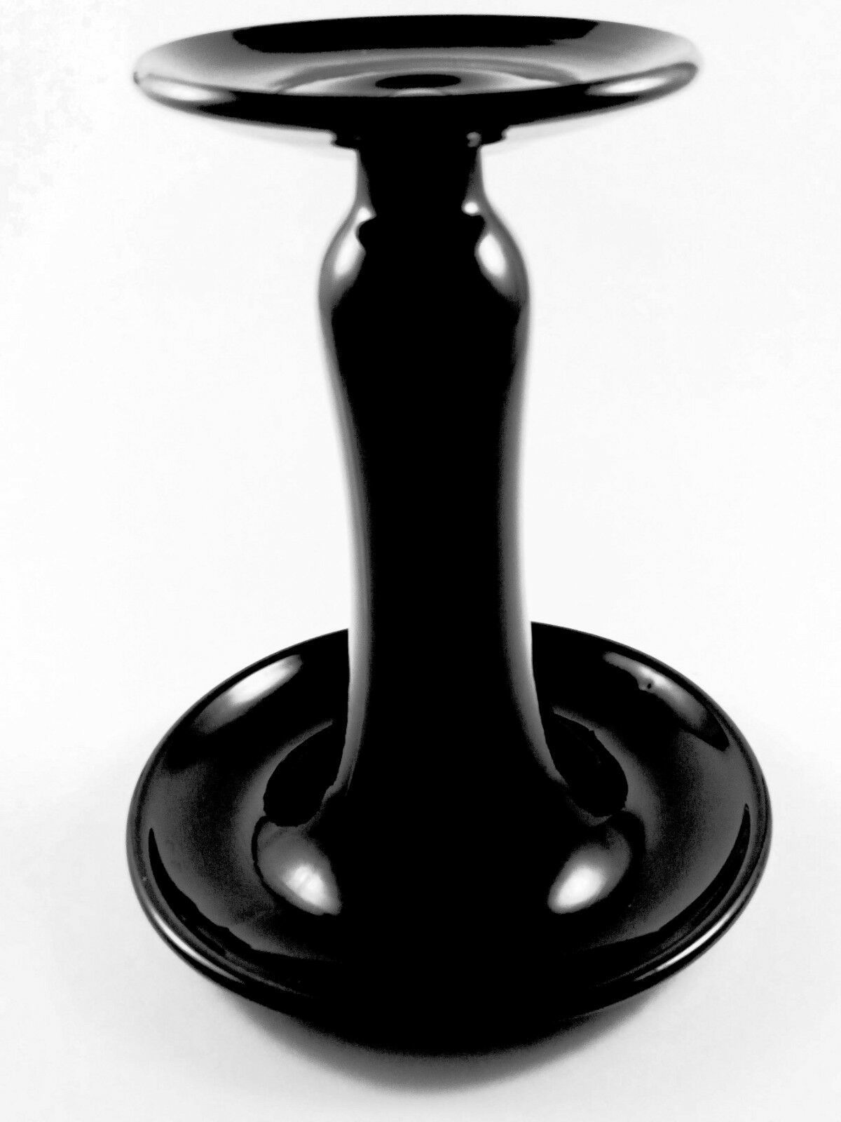 Vintage Jet Black Ebony Glass Modified Trumpet Vase Rolled Rim Flower Floral Other