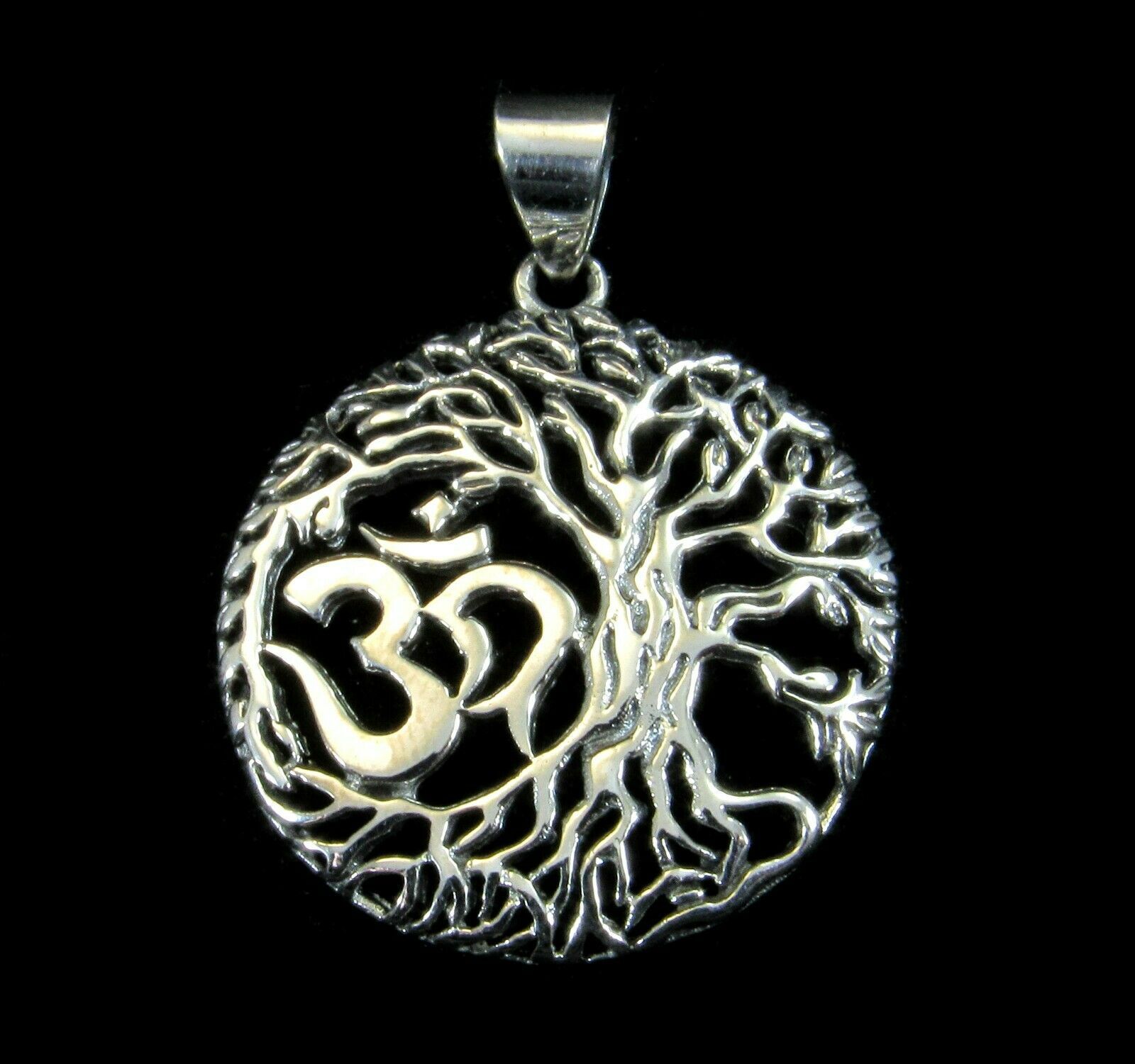 Solid 925 Sterling Silver OM Aum Ohm Tree of Life Yggdrasil Pendant Yoga Amulet