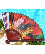 Folding Hand Fan Paper Art Deco Woman Red Hat Society Cheetah Signed - $29.95