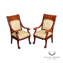 Antique Victorian Mahogany Marquetry Inlaid Pair of Armchairs - $1,295.00
