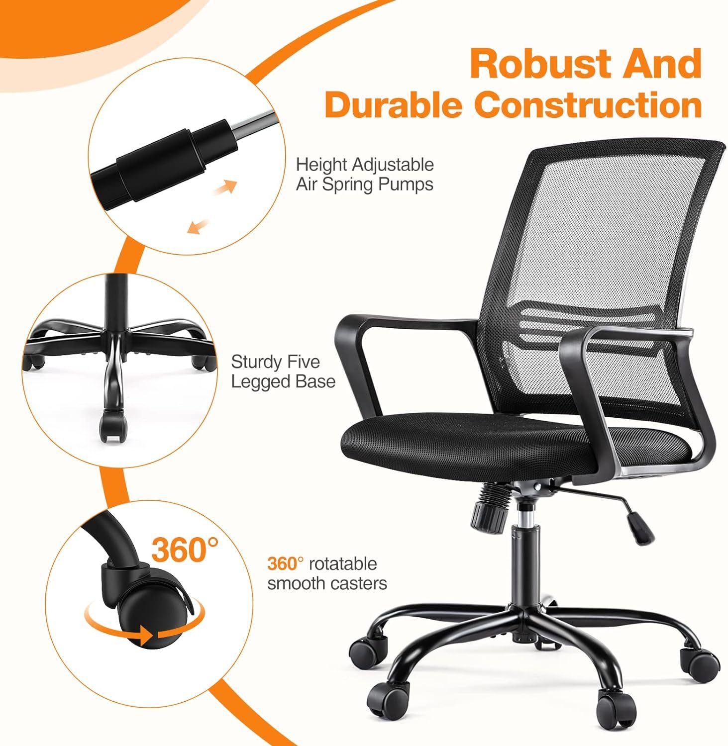 JHK Ergonomic Office Home Desk Mesh Fixed Armrest, Executive Computer Chair  with Soft Foam Seat Cushion and Lumbar Support, Black 