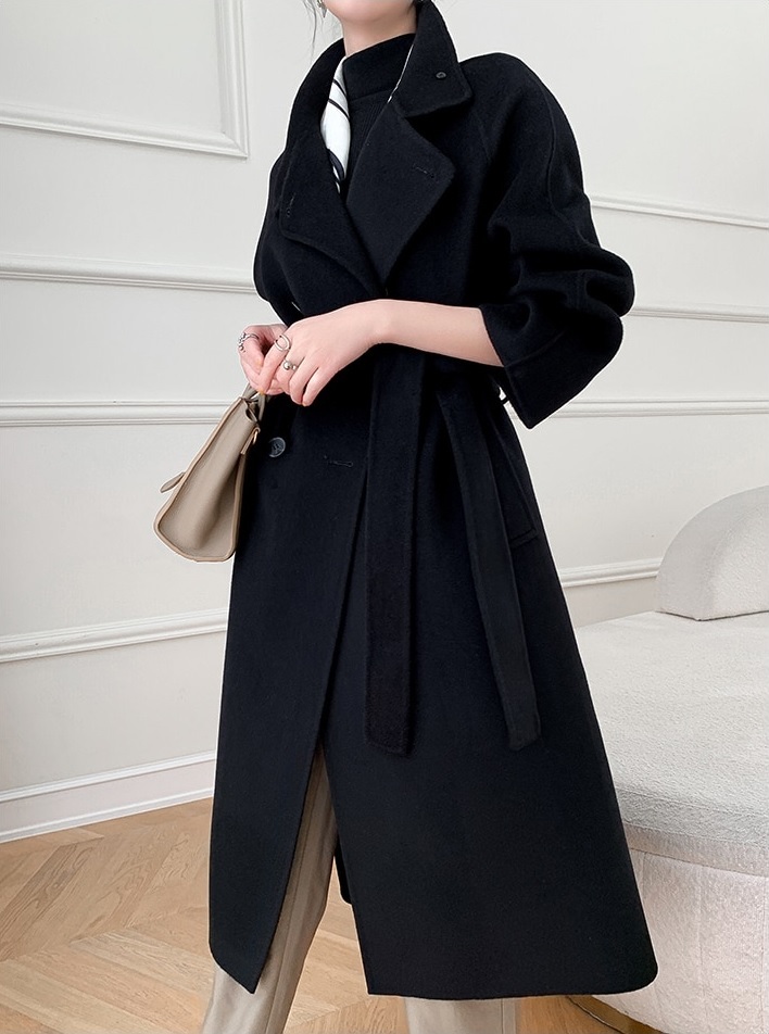 New black wool double breasted stand collar long woolen women coat with belt