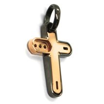 SOLID 18K BLACK & ROSE GOLD ROUNDED CROSS, 0.8, ITALY MADE SMOOTH BLACK ZIRCONIA image 3