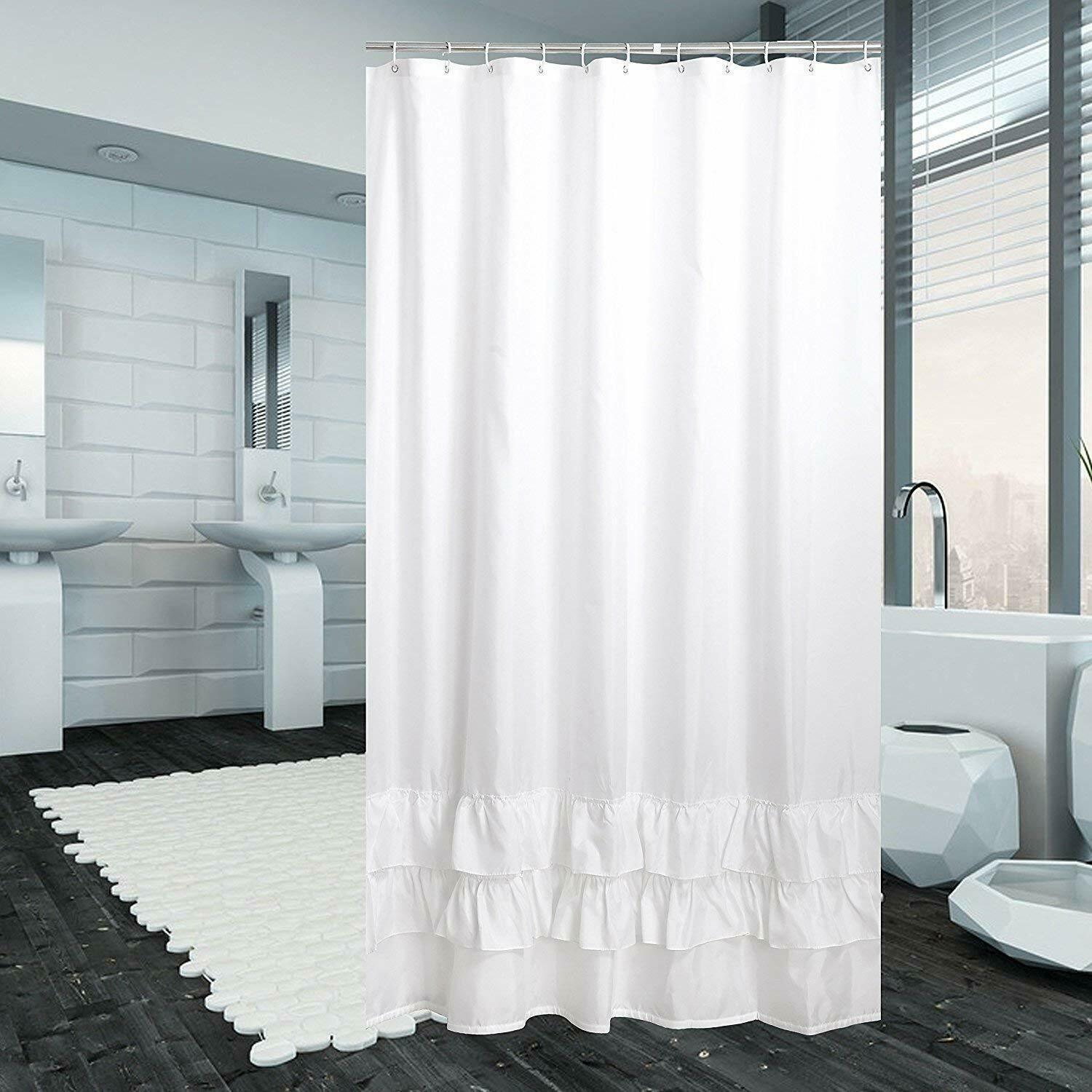 White Ruffle Fabric Shower Curtain Extra Long 72x80 Romantic Farmhouse