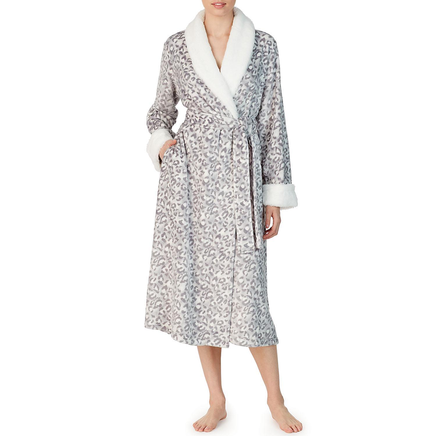 Anne Klein Snow Leopard Plush Soft Wrap Robe, Long Sleeve, L/XL