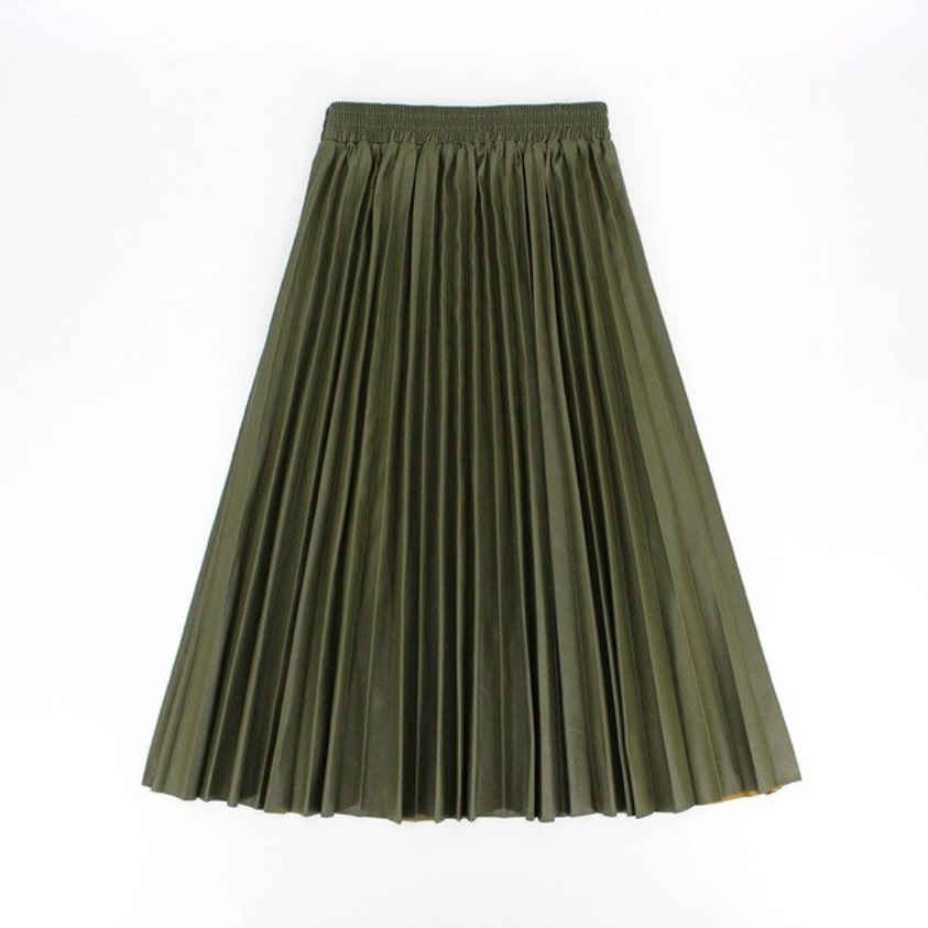 New olive green faux leather pleated midi length women skirt autumn ...