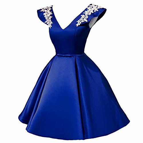 Plus Size V Neck White Lace Short Satin Prom Homecoming Dress Royal Blue US 18W