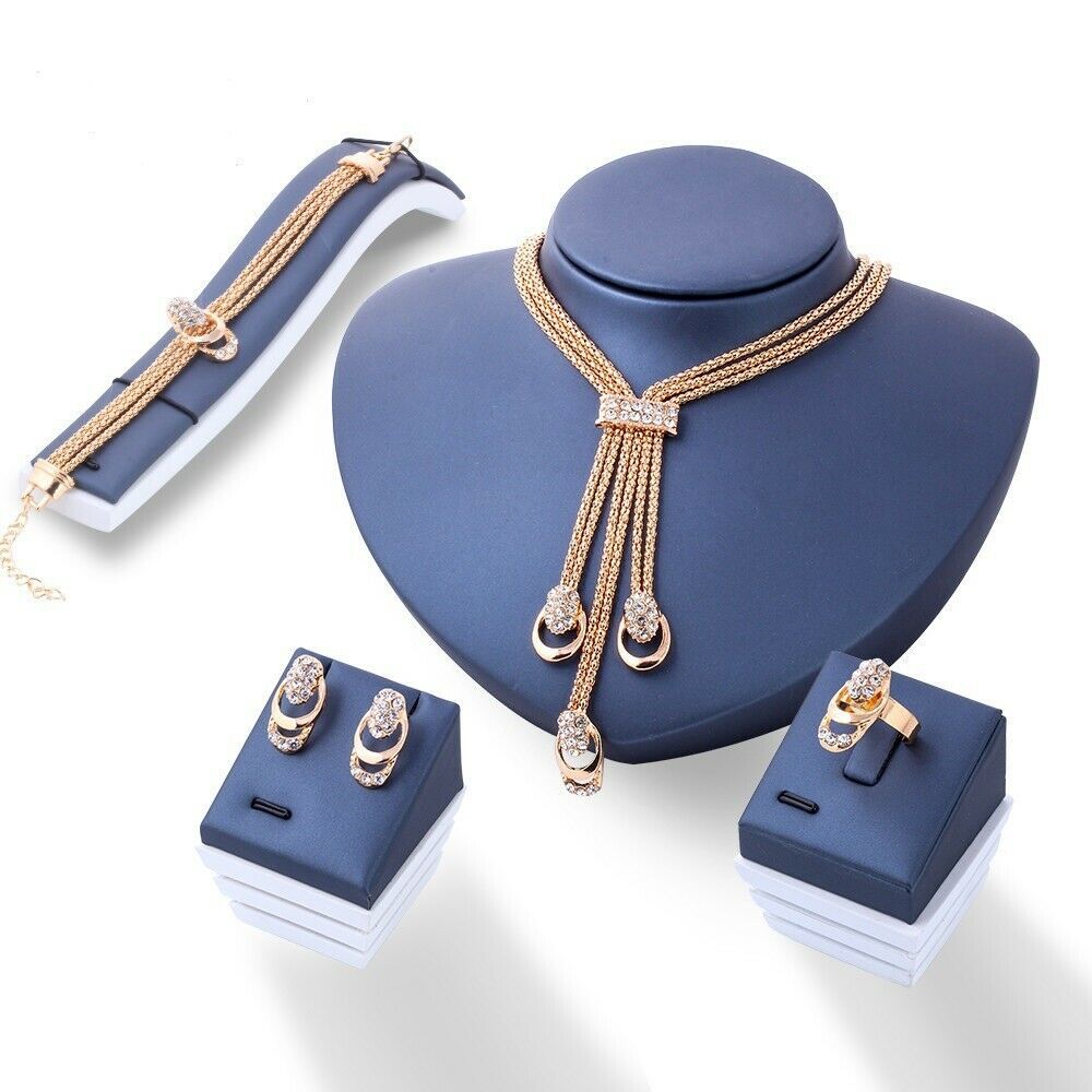 Vtg Signed AFJ Gold Tone Rhinestone Necklace Bracelet Earring Set ITALY 4 Piece