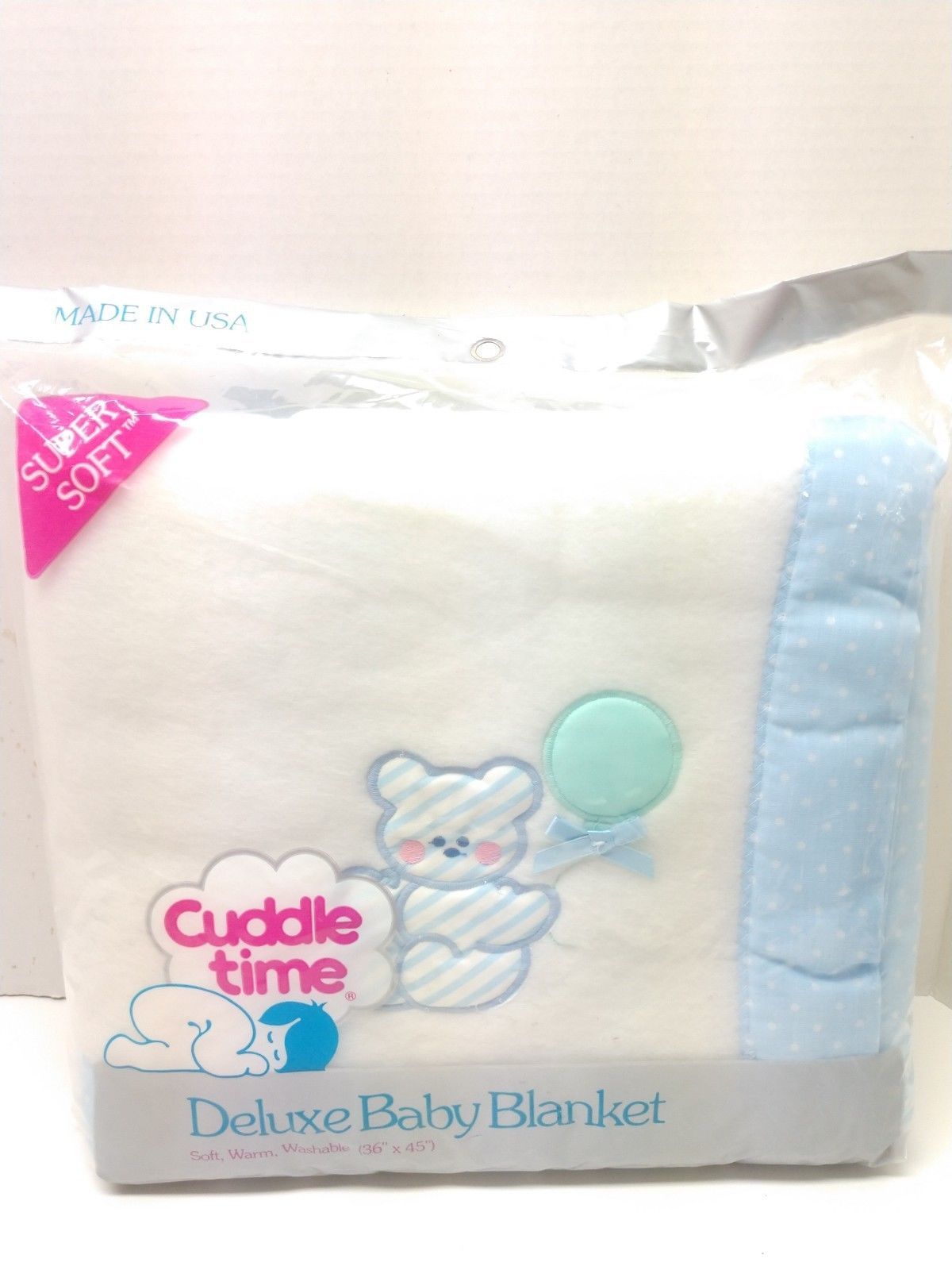 Vintage Cuddle Time Baby Blanket Striped Bear White Blue ...