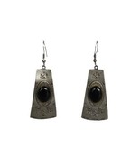 Vintage silver tone triangular dangle earrings with black stone cabochon... - $19.99