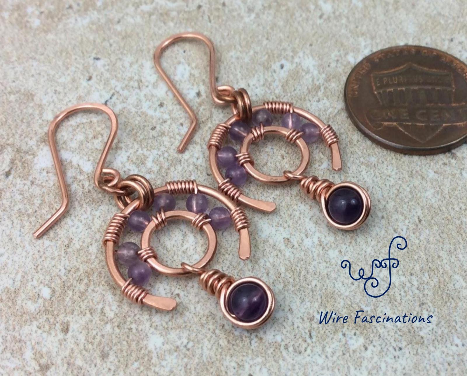 Handmade Copper Earrings Amethyst Wire Wrapped Wagon Wheels With