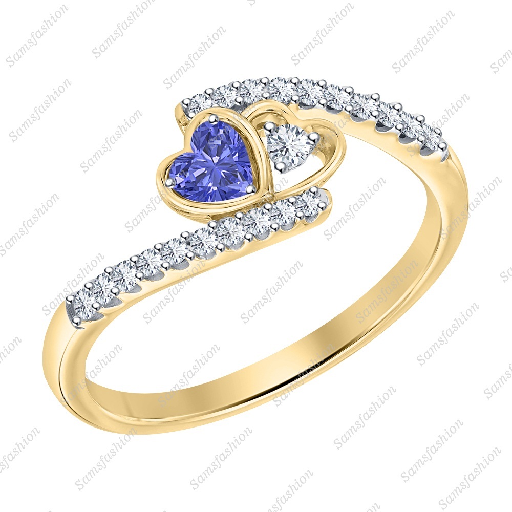 Heart Cut Tanzanite & Dia 14k Yellow Gold 925 Silver Double Heart Promise Ring