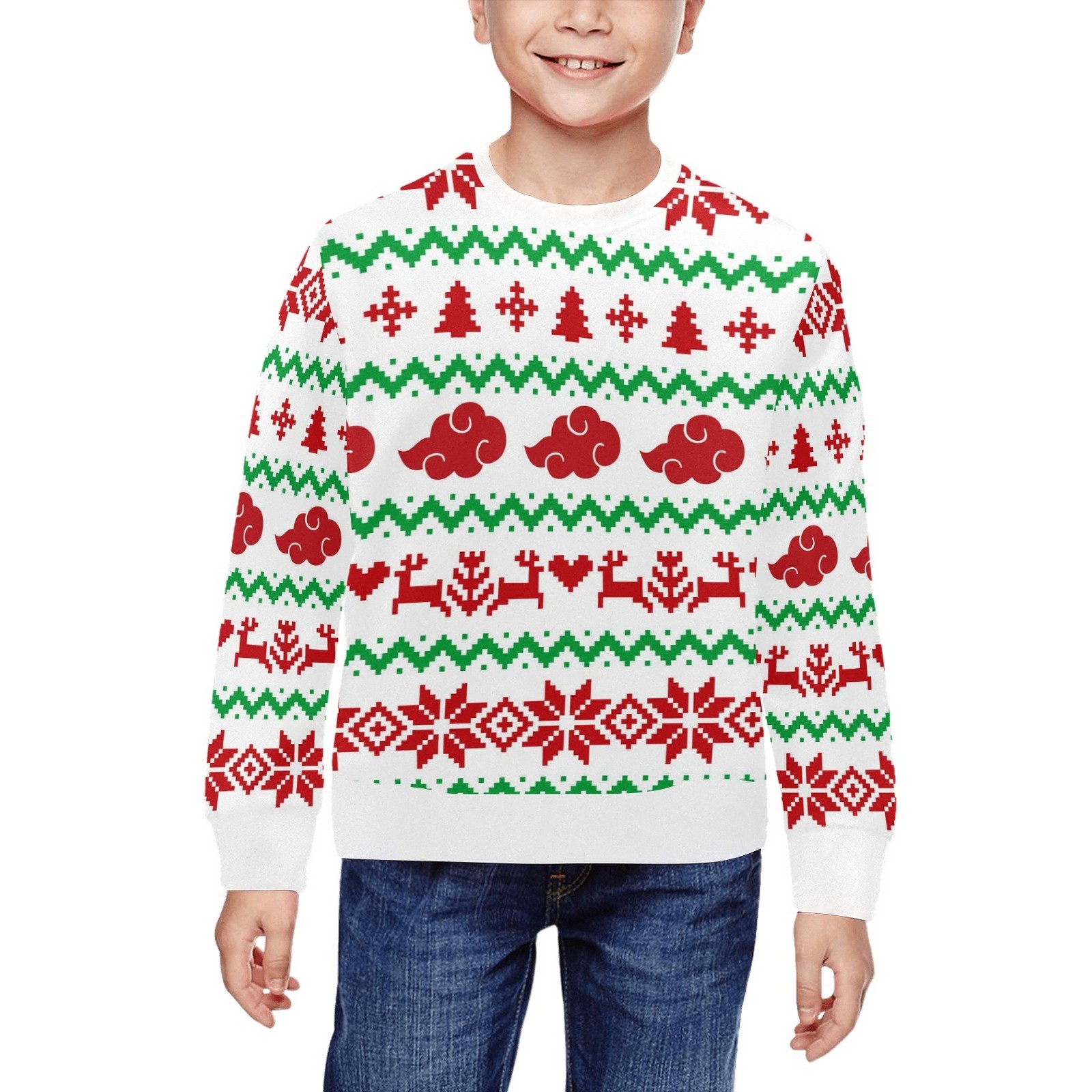 White Anime Cloud Ugly Christmas Rib Cuff Crewneck Sweatshirt for Kids