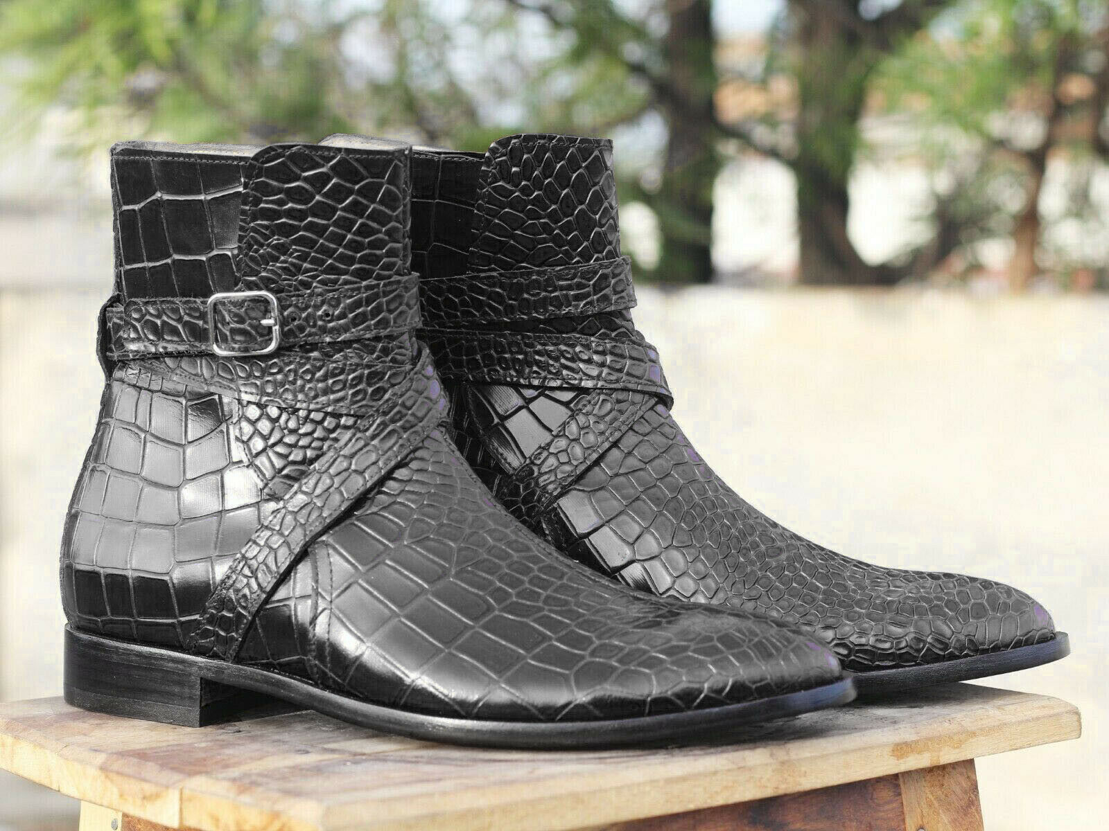 Handmade Men Black Alligator Textured  Leather Jodhpur Ankle Boots, Fashion Boot