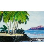 Vintage Art Painting Tropical Seascape Ocean Palms 11x14 Canvas Unframed... - $46.74