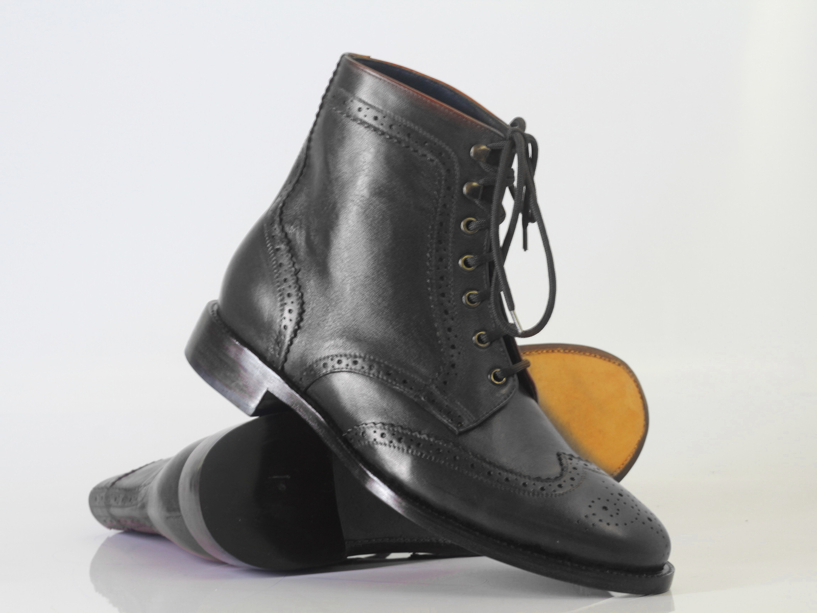 Handmade Men's Ankle High Black Leather Boots, Men Wing Tip Brogue Fashion Boots