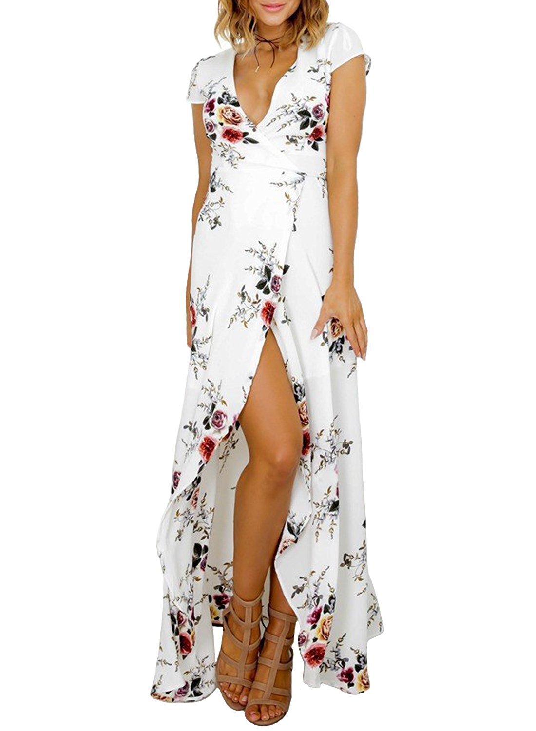 Floral White Slit Short Sleeve Maxi Dress