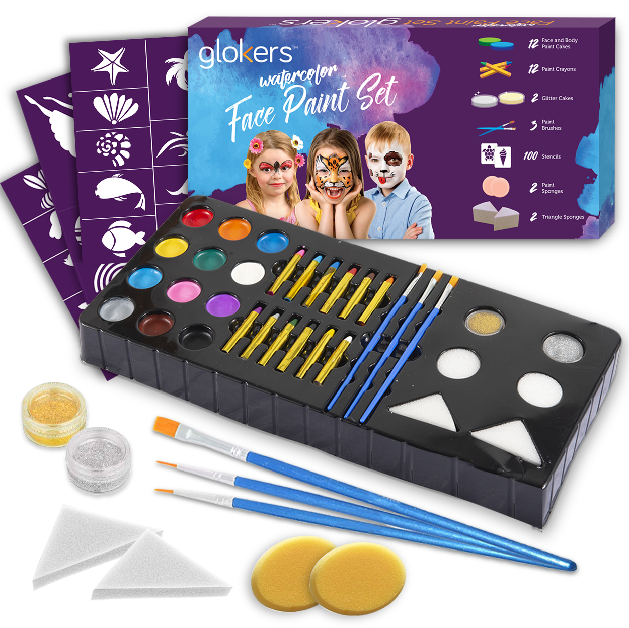 glokers Watercolor Complete Face Paint kit for Kids & Adults Great for Halloween