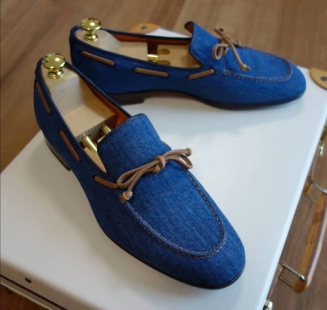 Men’s Handmade Blue Brogue Denim Loafer Shoes, Men’s Tussles Loafers