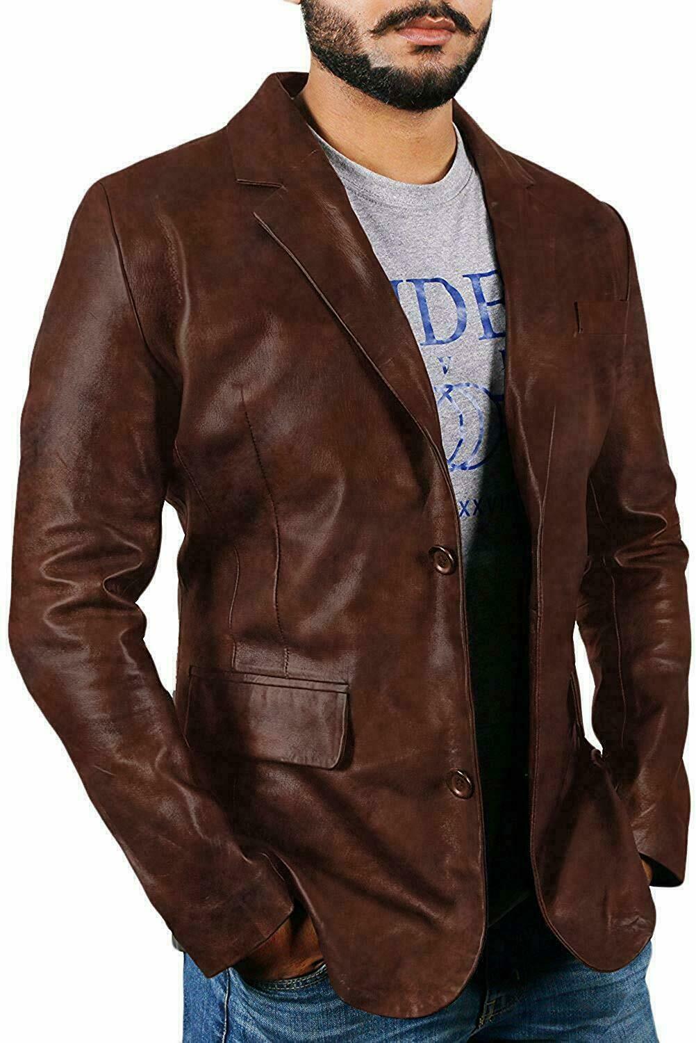 Men's Lambskin Leather Blazer Distressed Brown Slim fit Two Button Jacket Coat