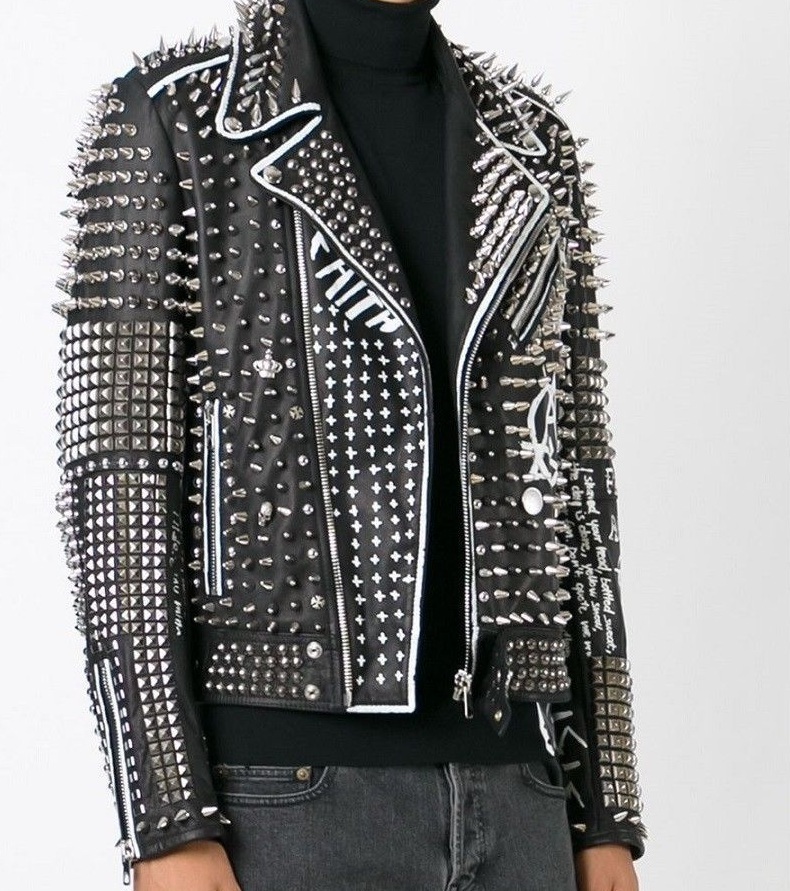 Handmade Men's Real Leather Studded Fashion Jacket Silver Stud Jackets ...