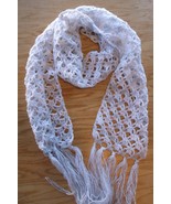 Scarf hand crocheted white silver 6.5 x 62 fringe - $20.00