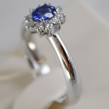 18K WHITE GOLD FLOWER RING, DIAMOND & OVAL BLUE SAPPHIRE, 0.65 MADE IN ITALY image 2