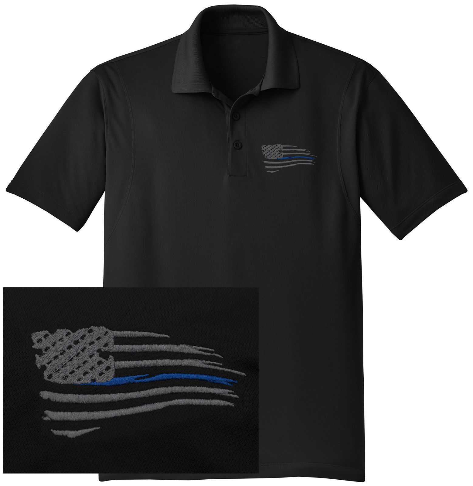 NEW THIN BLUE LINE WAVING FLAG Embroidered Black Polo Shirt - Casual Shirts