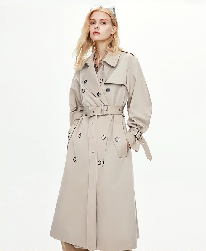 New beige double breasted long sleeve women oversized trench coat with belt