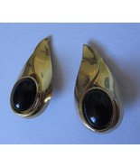 Vintage Mid Century Retro Gold Teardrop Black Enamel Clip On Earrings - $19.99