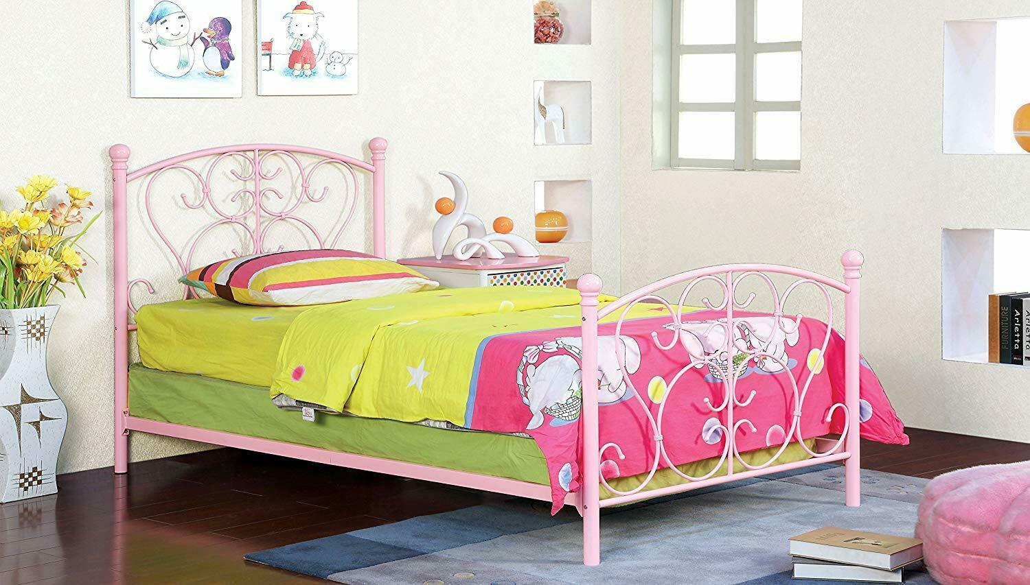 Girls Pink Twin Size Metal Scroll Bed Frame Princess Headboard