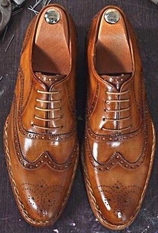 Men's Tobacco Brown Oxford Full Brogue Toe Wingtip Genuine Leather Laceup Shoes