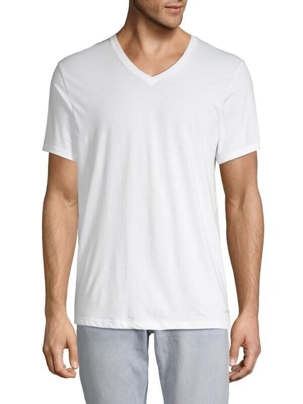 Calvin Klein WHITE Men's 3 Pack V Neck Cotton Tee, US Medium