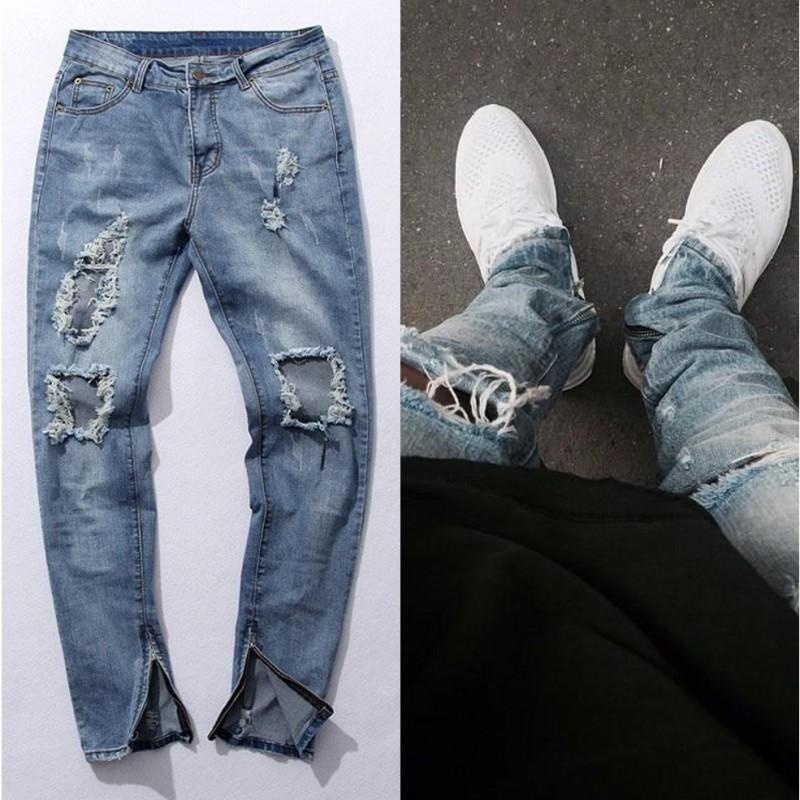 FEAR OF GOD MENS SKINNY TRASHED DENIM DISTRESSED FOG Side Zipper Jeans