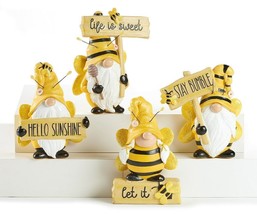 Bee Gnome Figurines w Sentiment Set 4 Resin Yellow Black Bumblebee Home Garden